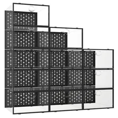 Produktbild: Pinkpum 12er Schuhboxen Stapelbar Transparent, Faltbar Hartplastik Schuhkarton mit Deckel, Wünschenswert Schuh-Organizer, Schuhaufbewahrung für Stöckelschuhe, Stiefeletten,bis Größe 46 Schwarz
