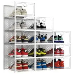Produktbild: Pinkpum 12er Set Schuhboxen Stapelbar Transparent, Hartplastik Schuhkarton mit Deckel, Faltbar Wünschenswert Schuh-Organizer,Schuhaufbewahrung für Stöckelschuhe,Stiefeletten,bis Größe 48 Weiß