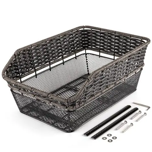 Produktbild: PINNAMAX Fahrradkorb Hinten groß,25L Weave fahrradkörbe mitTragkraft bis 20 kg, Sockel aus Metall Schultaschen Korb für Rennard,Wetterfest Rostet Nicht, E-Bike, Elektrofahrrad auf Gepäckträger inkl