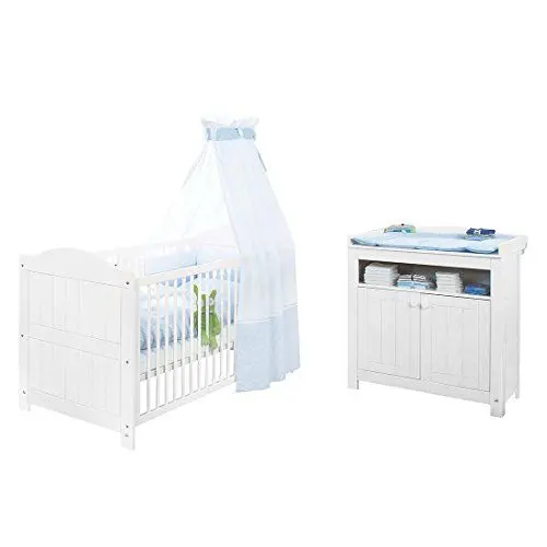Produktbild: PINOLINO Sparset Nina breit, 2-teilig, Kinderbett (140 x 70 cm) und breite Wickelkommode mit Wickelansatz, Fichte massiv, weiß lasiert (Art.-Nr. 09 16 17 B)