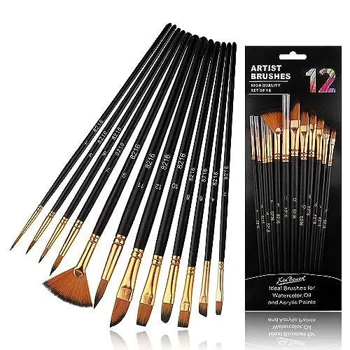 Produktbild: Pinsel Set, 12 Stück Aquarellpinsel Künstlerpinsel Schwarz Acryl Feine Pinsel Borstenpinsel Pinselset Ausschreibung Haarpinsel Set für Anfänger Künstler Erwachsene Kinder