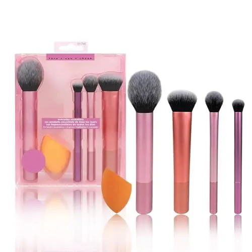 Produktbild: Pinselset Makeup, Everyday Essentials + Make-up-Schwamm-Set, Schminkpinsel Set Zum Verblenden Von Lidschatten, 4 Make-up-Pinsel und 1 Make-up-Schwamm, für Foundation, Rouge, Bronzer, Lidschatten