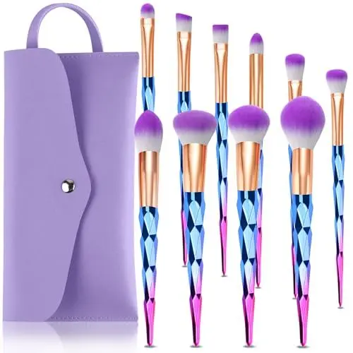 Produktbild: Pinselset Makeup, START MAKERS 10Pcs Premium Synthetische Make Up Pinsel Blau und Lila Farbverlauf Diamant Griff Foundation Schminkpinsel Set Professionell mit Pinsel Tasche