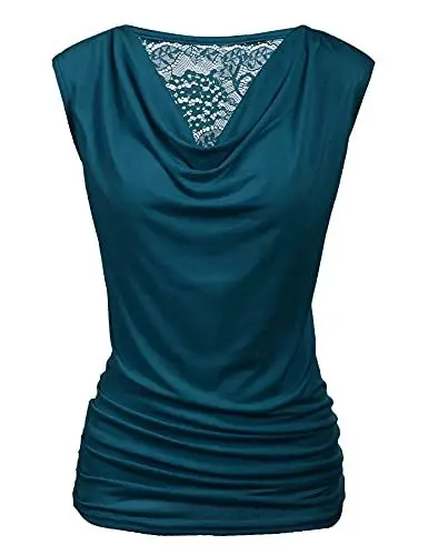 Produktbild: PINSPARK T-Shirts Damen Spitzentop Sommer Ärmellos Bluse Wasserfall V-Ausschnitt Shirt Elegant Oberteile Stretch Falten Tops für Damen Blaugrün M
