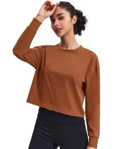 Produktbild: PINSPARK Damen Sport Langarmshirt Leicht Fitness Yoga Langarm Shirt Atmungsaktiv Crop Tops Sportshirt Trainingsshirt Sport Kleidung Frauen Running Workout Top Locker Braun XXL