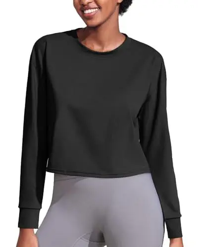 Produktbild: PINSPARK Sport T-Shirt Damen Kurz Langarmshirt Sporttop Workout Crop Tops Rundhals Atmungsaktiv Sportshirt Laufen Gym Yoga Top für Frauen Fitness Kurz Oberteil Schwarz XL