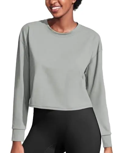 Produktbild: PINSPARK Sport T-Shirt Damen Langarmshirt Workout Crop Tops Rundhals Atmungsaktiv Sportshirt Laufen Gym Yoga Top für Frauen Fitness Oberteil Grau S