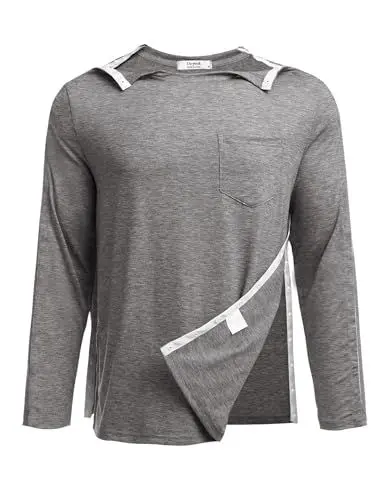 Produktbild: PINSPARK Sport Tshirts Herren Funktionsshirt Langarmshirt Vollständig Abreißbar T-Shirts nach Schulteroperationen mit Druckknopf Dialyse Chemo Port Zugangshemd Hellgrau L