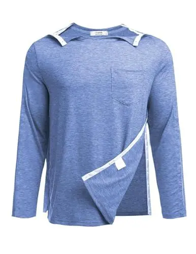 Produktbild: PINSPARK Sport Tshirts Herren Funktionsshirt Post OP Shirt Schulter Chirurgie Shirts Links und Rechts Seite Snap Access Atmungsaktive Erholung T Shirt Chemo Blau L