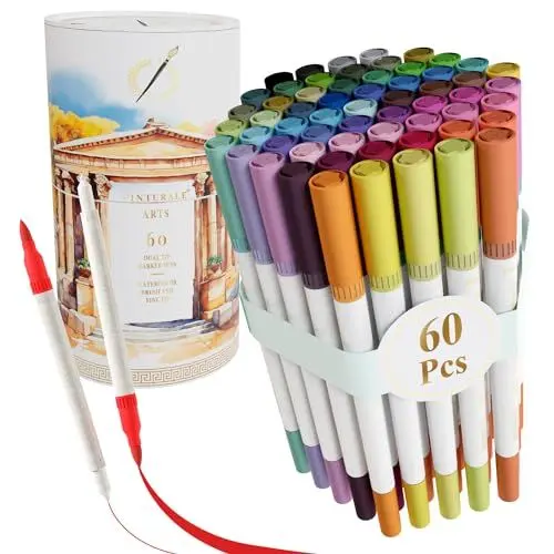 Produktbild: Pinturale Arts 60 Dual Brush Pen Set | Handlettering Stifte | Filzstifte Dicke und Dünne | Kaligraphiestift, Lettering Stifte für Kalligrafie, Mandalas, Illustration | Pinselstifte Set