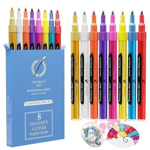 Produktbild: Pinturale Arts® 8er Set Glitzerstifte für Steine, Metall, Stoff, Keramik, Holz, Glas, Scrapbook, Fotoalbum | Glitzer Stifte Metallic Kinder und Künstler Auf Feiner Spitze 0,7mm