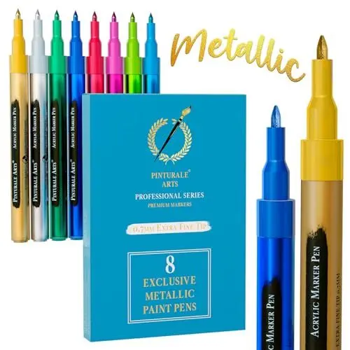 Produktbild: Pinturale Arts® 8er Set Metallic Marker Stifte für Steine, Metall, Stoff, Keramik, Holz, Glas, Scrapbook, Fotoalbum | Acrylstifte Metallic Auf Feiner Spitze 0,7mm