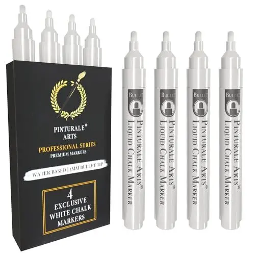 Produktbild: Pinturale Arts Set 4 Kreidestift Weiß | 3mm Spitze | Kreidemarker Weiss | Kreidestifte Für Tafel Abwaschbar, Kreidestifte Für Fenster, Glas, Metall, Keramik | Chalk Marker Weiß