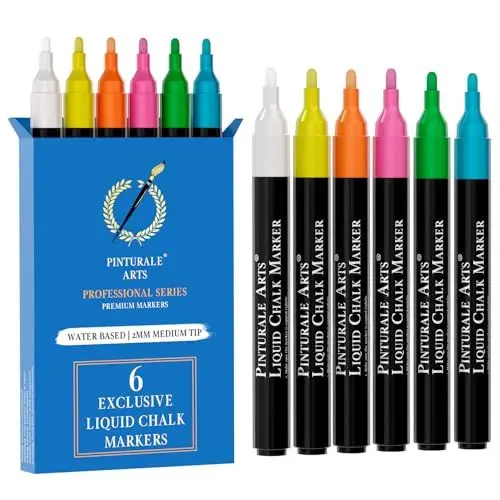 Produktbild: Pinturale Arts® Set 6 Kreidestifte Für Tafel Abwaschbar | 2mm Spitze | Kreidestifte Für Fenster, Glas, Metall, Keramik | Chalk Marker, Kreidestift, Fensterstifte Abwaschbar