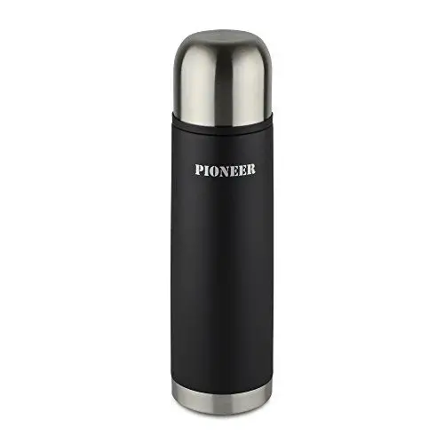 Produktbild: Pioneer Isolierflasche aus Hochwertigem Edelstahl mit Druckknopf & Trinkbecher 0,5 L Doppelwand-Vakuumkonstruktion 8 Stunden Heiß 24 Stunden Kühl 100% Auslaufsicher BPA Frei - Schwarz
