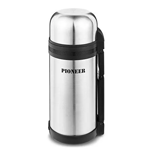 Produktbild: Pioneer Outdoor-Isolierflasche aus Hochwertigem Edelstahl mit Griff und Tasse 1,2 L Doppelwandig Auslaufsicher 8 Stunden Heiß oder Kühl BPA Frei - Gebürsteter Stahl