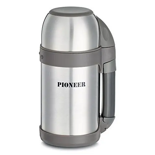 Produktbild: Pioneer Outdoor-Isolierflasche aus Hochwertigem Edelstahl mit Griff und Tasse 1,8 L Doppelwandig Auslaufsicher 8 Stunden Heiß oder Kühl BPA Frei - Gebürsteter Stahl