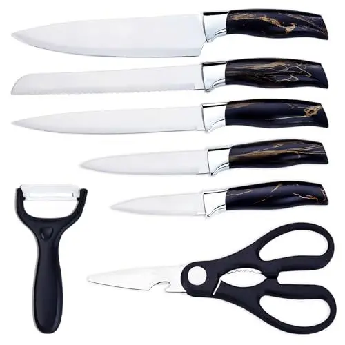 Produktbild: PionStar Edelstahl Küchenmesser-Set – 7-teiliges Profi-Set mit Kochmesser, Brotmesser, Fleischmesser, Universalmesser, Obstmesser, Schere + Schäler | Rostfrei & Langlebig.