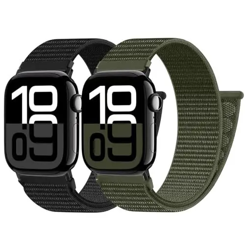 Produktbild: PIOWNN 2 Stück Nylon Armbänder Kompatibel mit Apple Watch 10 Armband 46mm 44mm 45mm 42mm 49mm - Sport Loop Klettverschluss Sportarmband für iWatch Series 9 8 7 6 5 4 3 2 1 SE Ultra, Schwarz Armeegrün