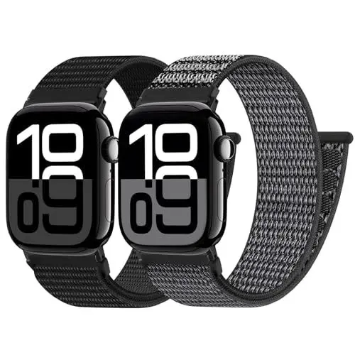 Produktbild: PIOWNN 2 Stück Nylon Armbänder Kompatibel mit Apple Watch Armband 46mm 45mm 44mm 42mm 49mm, Loop Klettverschluss Sportarmband für iWatch Series 10 9 8 7 6 5 4 3 2 1 SE Ultra, Schwarz+Dunkel Grau