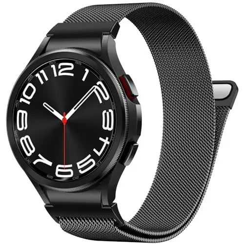 Produktbild: PIOWNN Metall Armband Kompatibel mit Samsung Galaxy Watch 7 6 5 4 Armband 44mm 40mm/Watch 6 Classic 47mm 43mm/Watch 5 Pro 45mm/Watch 4 Classic/FE, EIN-klick-Verbindung Loop Magnetisches Band, Schwarz