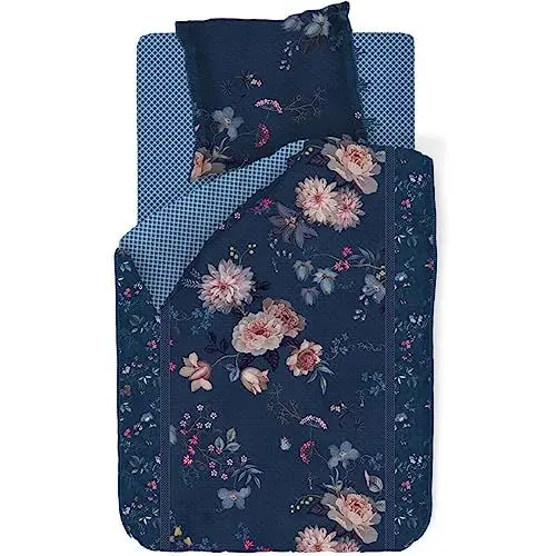 Produktbild: Pip Studio Bettwäsche Tokyo Bouquet Dunkelblau Blumen Blüten Zweige Gepunktet Perkal Wendeoptik, Größe:135 cm x 200 cm
