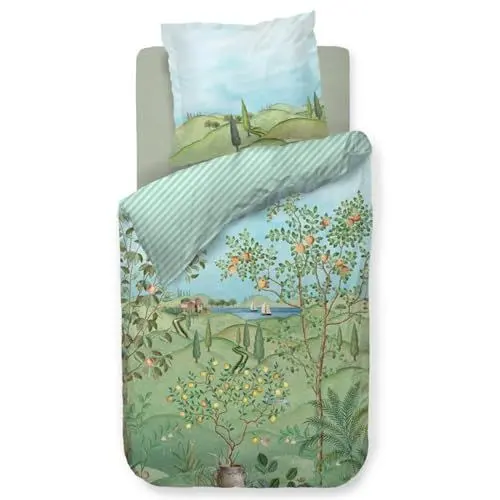 Produktbild: Pip Studio Bettwäsche La Campagna Grün Perkal Landschaft Natur Bäume See Boote Streifen Wendeoptik, Größe:135 cm x 200 cm