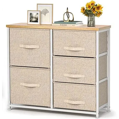 Produktbild: Pipishell Kommode Schmal Schrank mit 5 Schubladen aus Stoff, praktische Aufbewahrungskommode, Ordnungsmöbel für Schlafzimmer, Kinderzimmer, Wohnungseingang, Flur, Beige