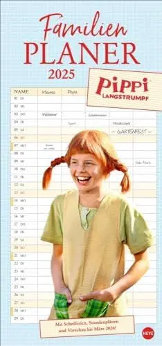 Produktbild: Pippi Langstrumpf Familienplaner 2025: Terminkalender 2025 mit Fotos aus den Kult-Filmen. Familienkalender mit 5 Spalten. Familien-Wandkalender mit Schulferien und Stundenplänen. (Familienplaner Heye)
