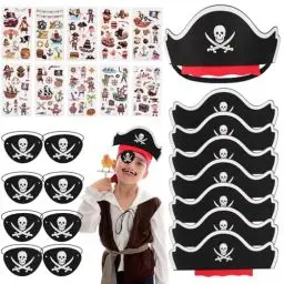 Produktbild: Piraten Kindergeburtstag Set 8 pcs Piratenhut Kinder 8 pcs Augenklappe Pirat Filz Augenmaske 10 pcs Piraten Tattoos Schädel Piraten Hut Accessoires für Geburtstag Halloween Maskerade Piratenparty