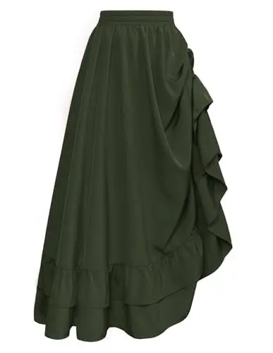 Produktbild: SCARLET DARKNESS Damen Mittelalter Maxirock Seampunk Hohe Taille Viktorianischer Doppellagiger Rüschenrock Olivgrün XXL