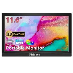 Produktbild: Pisichen Tragbarer Monitor, 11,6 Zoll HD 1366x768 IPS Bildschirm mit Integrierte Lautsprechern, HDMI USB Typ-C Kleiner Monitor für Laptop PC Telefon