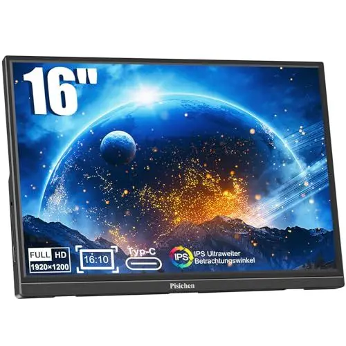 Produktbild: Pisichen Tragbarer Monitor, 16 Zoll Portable Monitor FHD 1920 x 1200P HDMI USB C IPS-Display HDR Augenpflege, Zweiter Externer Monitor für Laptop PC Computer Xbox Switch Telefon Ras Pi