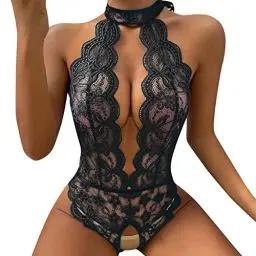 Produktbild: pitashe_Bekleidung Dessous-Set Damen Tiefer V-Ausschnitt Halfter Spitze Reizwäsche Negligee Babydoll Unregelmäßiger Hem Nachtwäsche Nachthemd Lingerie Nachtkleid G-String Sleepwear, XL, Schwarz