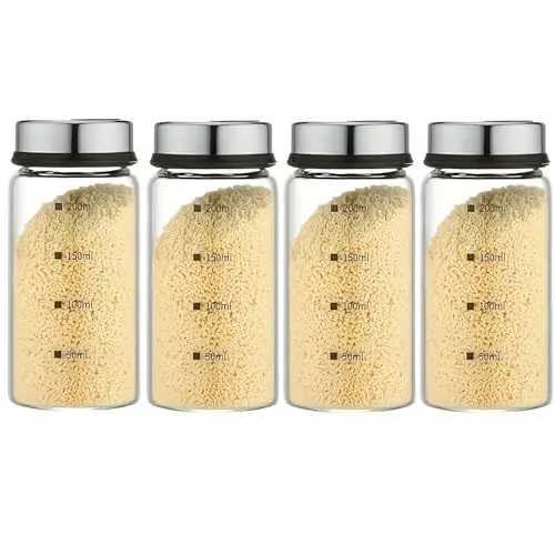 Produktbild: Piuaety Gewürzdosen aus Glas Anzug, Gewürzdosen mit Drehdeckel für Salz, Pfeffer, Chilischoten, praktisch als Küchenorganisator zum Grillen, Kochen und Würzen (200ml, vierteiliges Set)