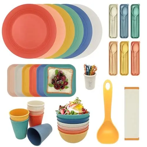 Produktbild: PIXESTT 69 Teiliges Outdoor Geschirr Set, camping geschirr set 6 personen enthält einen Löffel und ein klappbares Schneidebrett, 6 Farben Picknick Set ist BPA-frei und geeignet für Familienessen.