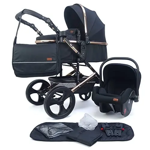 Produktbild: Pixini Kinderwagen Kalani 3in1 Kombikinderwagen, inkl. Babywanne & Buggy & Auto-Babyschale & Wickeltasche/Cupholder/Regenschutz (rose gold poliert/schwarz)