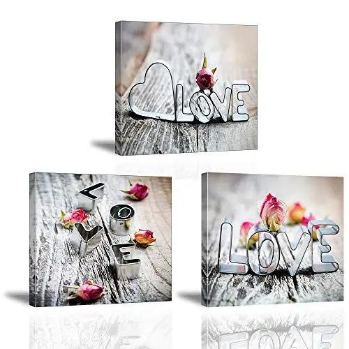 Produktbild: Piy Painting Liebe und Rosen Kunstdruck auf Leinwand per Herz Form Bild Blume Fotoleinwand und Kunstdrucke auf Wanddeko für Wohnzimmer Schlafimmer Küche Badezimmer 30x30cm 3Set
