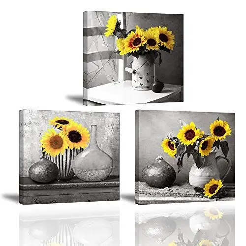 Produktbild: Piy Painting Sonnenblume Bilder Leinwandbild Fotoleinwand Sonnenblumen sehnen Sich nach Sonne Kunstdrucke auf Leinwand Malerei Home Deko für Wohnzimmer Schlafzimmer Flur Wand 30x30cm 3set