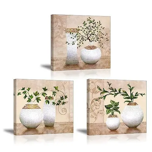 Produktbild: Piy Painting Bilder Leinwandbild Fotoleinwand Grün Pflanze Blumen Wandbild Kunstdrucke auf Leinwand Ölgemälde Malerei Home Deko für Wohnzimmer Schlafzimmer Flur Wand 30x30 cm 3 Teilig