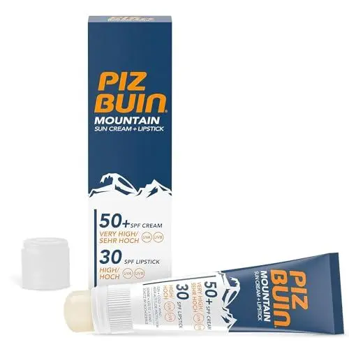 Produktbild: PIZ BUIN Mountain 2-in-1 Sonnencreme LSF 50+ (20 ml) und Lippenpflege LSF 30 (2,3 ml), feuchtigkeitsspendender Sonnenschutz speziell fürs Skifahren und Wandern, schützt vor Wind und Kälte