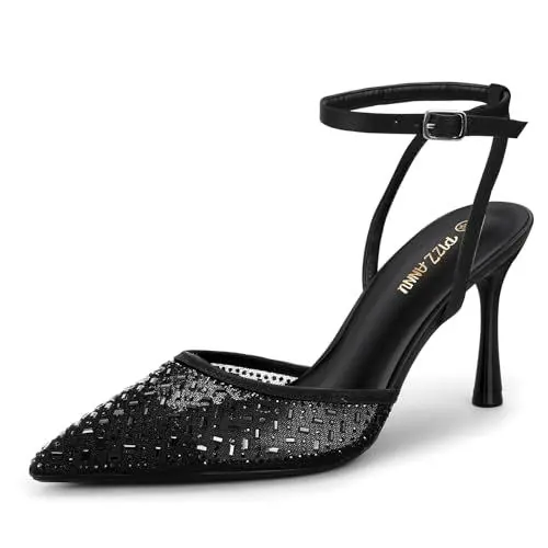Produktbild: PIZZ ANNU Damen High Heels Strasssteine Knöchelriemen Hohe Schuhe Damen mit Stiletto Absatz Spitze Zehen, perfekt für Party Hochzeit Schwarz EU 40