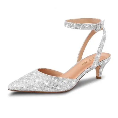 Produktbild: PIZZ ANNU Damen Pumps mit Kitten Abastz Spangenpumps Elegant und Bequem Riemchenpumps mit Geschlossener Spitze Glitzer Schuhe EU 42 Silber