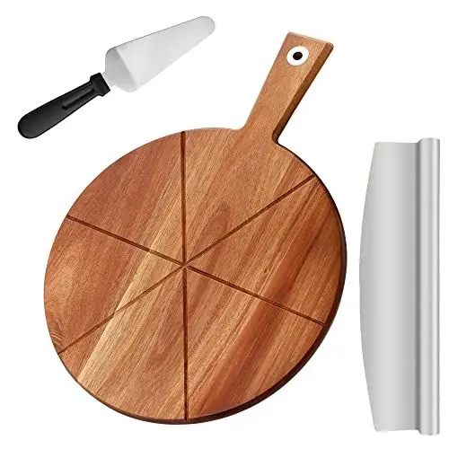Produktbild: Pizzabrett Akazienholz, TJ POP 30 x30 cm Pizzateller Pizzaschneidebrett mit Pizzaschneider und Pizzaschale, rundes Pizzaschneidebrett Serviertablett zum Backen von selbstgemachter Pizza