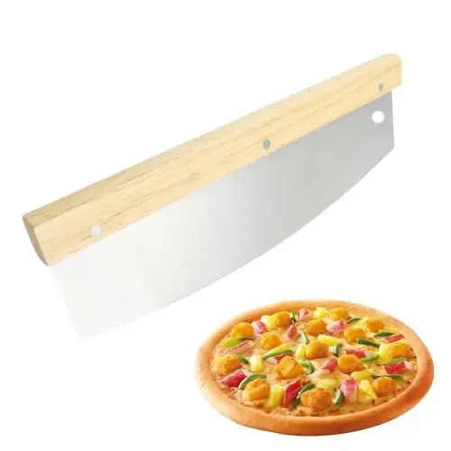 Produktbild: Pizzamesser Edelstahl -Edelstahl Pizzaschneider mit 32cm Klinge, Holzgriff | Schnelles und gleichmäßiges Schneiden, Effektiver als Pizzaroller