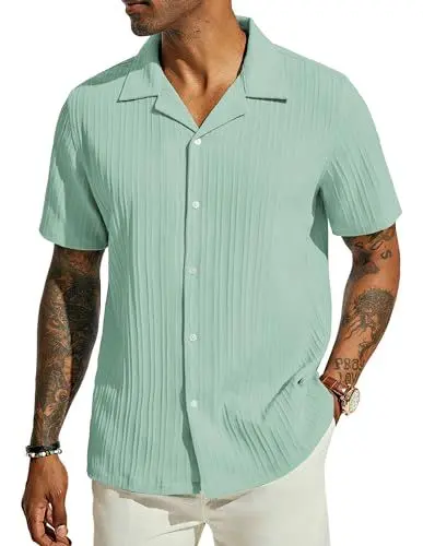 Produktbild: PJ PAUL JONES Mens Cuban Shirt Hawaii Hemd Männer Herrenhemden Kurzarm Guayabera Hemd Hellgrün S 552-11