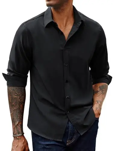 Produktbild: PJ PAUL JONES Hemd Herren Langarm Freizeithemd Unifarben Stretch Businesshemd Regular Fit für Männer (Schwarz, L)