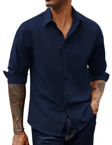 Produktbild: PJ PAUL JONES Hemd Herren Stretch Langarm Freizeithemden Slim Fit Bügelfrei Businesshemden (Marineblau, 2XL)