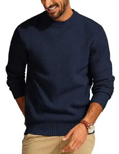 Produktbild: PJ PAUL JONES Herren Feinstrick Pullover Langarm Gestrickt Einfarbig Winterpullover Sweater (Marineblau, M)