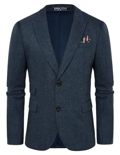 Produktbild: PJ PAUL JONES Herren Hahnentritt Sakko Blazer Spitzenrevers Regular Fit Business Sakko (Dunkelblau, L)
